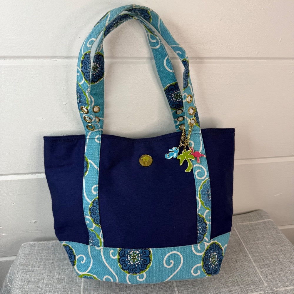 Palm Island Navy Blue Tropical‎ Beach Tote Purse Book Tote Bag Charms